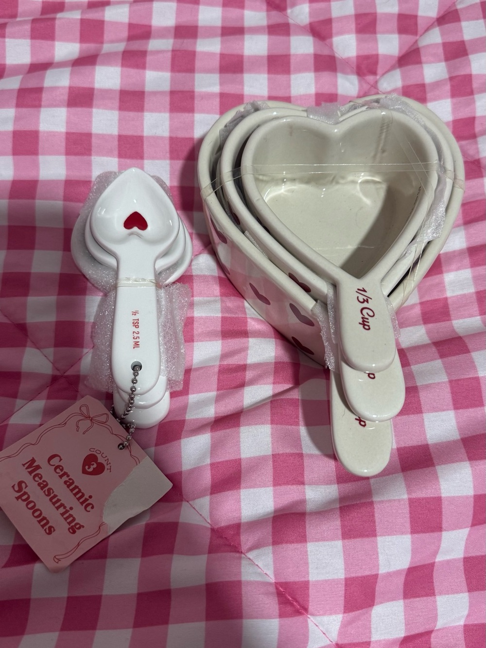 Ceramic Heart Measuring Cups & Spoons Set - White with red hearts